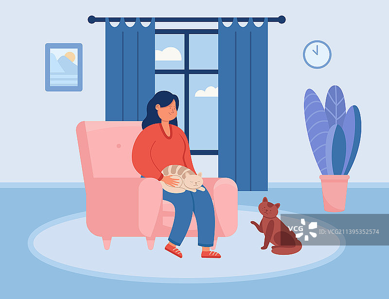 卡通女孩家中与猫椅上放松图片素材