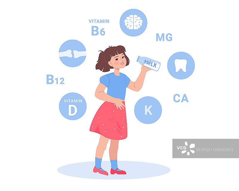 可爱的卡通女孩从玻璃瓶中喝牛奶图片素材