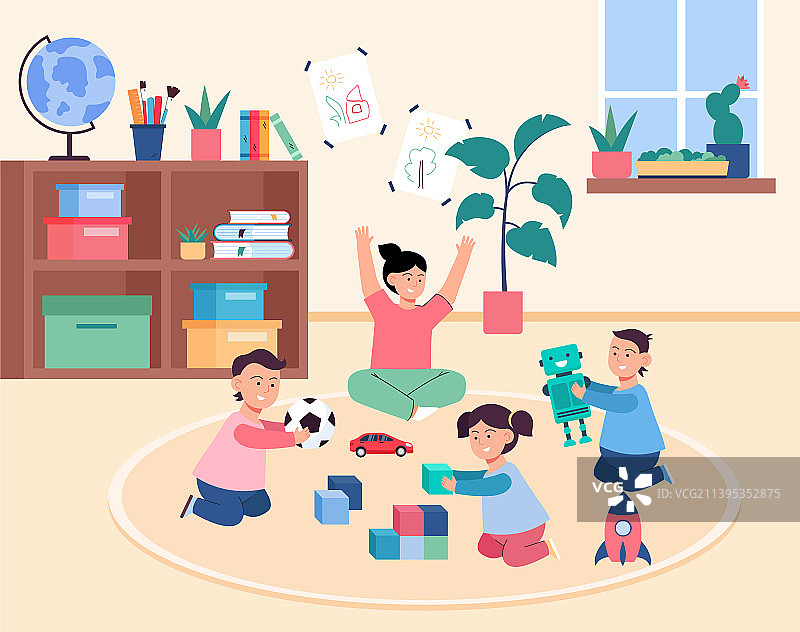 幼儿园卡通儿童在地板上玩耍图片素材
