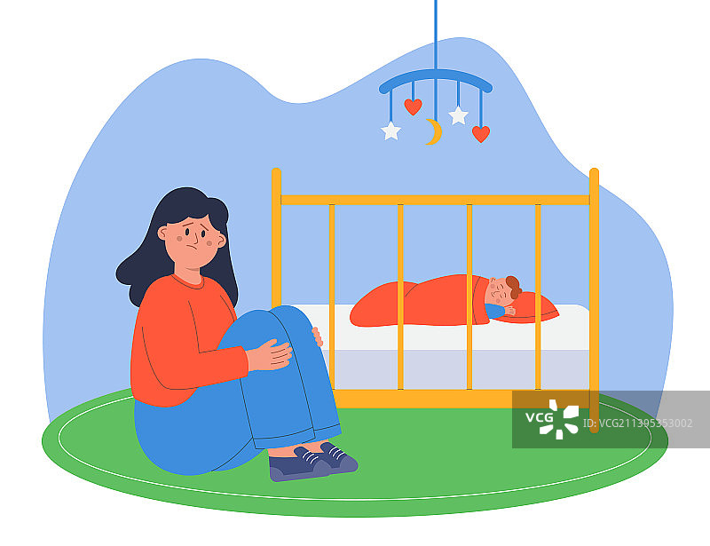 沮丧的母亲坐在婴儿床旁图片素材