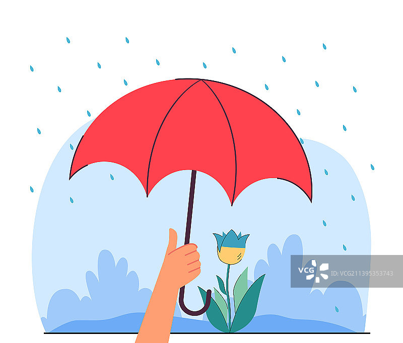 手持雨伞，遮盖蓝色和黄色花朵图片素材