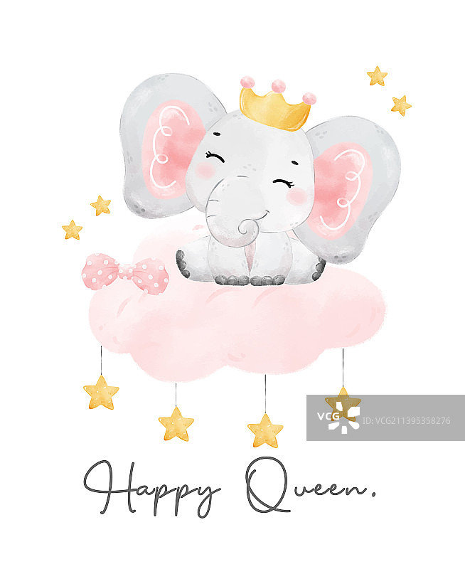 戴着粉色皇冠的可爱小象图片素材