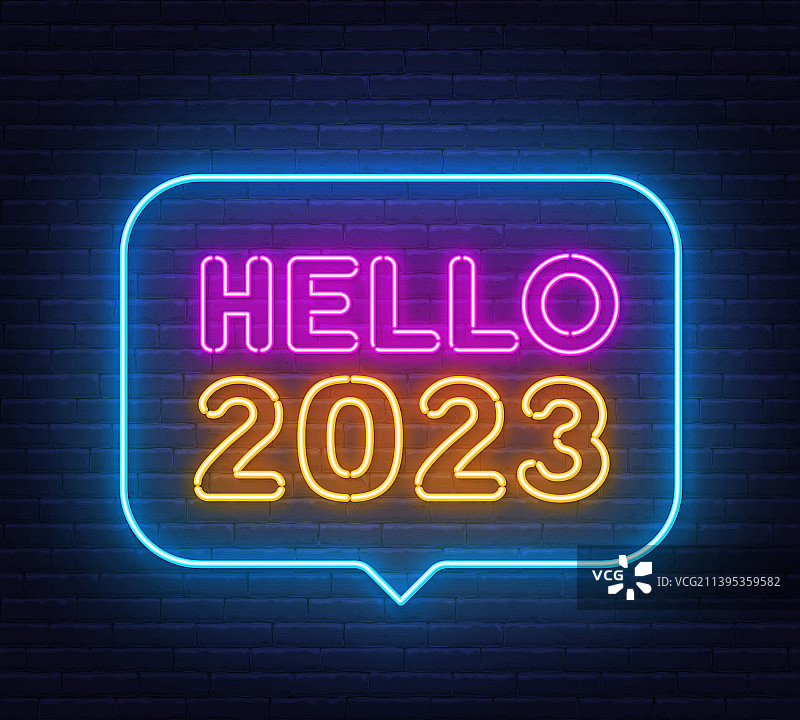 Hello 2023对话气泡霓虹灯牌图片素材