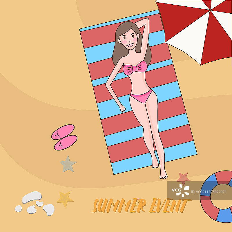 女孩在海滩上享受日光浴图片素材