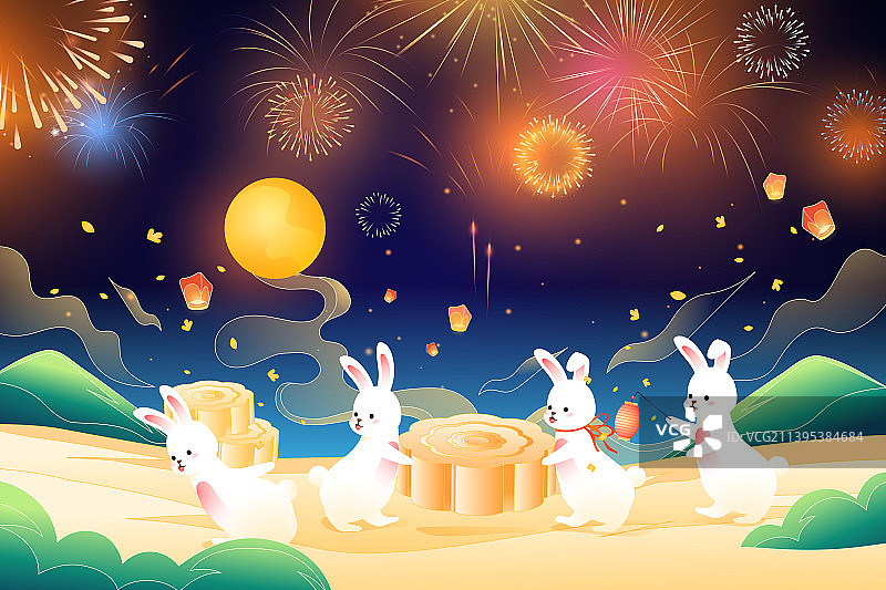 卡通中秋佳节传统节日习俗赏月月饼月桂兔子玉兔嫦娥古人出游月饼美食古建筑古城电商中国风国潮矢量插画图片素材