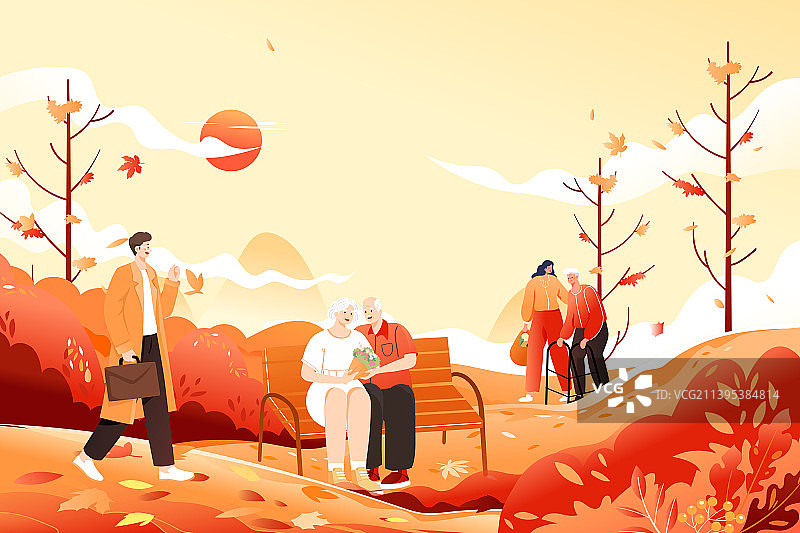 卡通秋季立秋重阳节秋天亲子游美食吃饭夫妻养老保险健康登高旅游城市古建筑自然风景渐变中国风国潮矢量插画图片素材