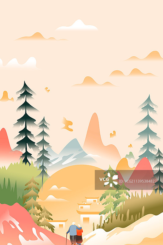 卡通秋季立秋重阳节秋天亲子游美食吃饭夫妻养老保险健康登高旅游城市古建筑自然风景渐变中国风国潮矢量插画图片素材