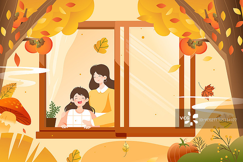 卡通秋分节气初秋深秋秋季秋天亲子家人居家出游踏秋汽车出行情侣约会电商促销旅游旅行自然风景渐变矢量插画图片素材