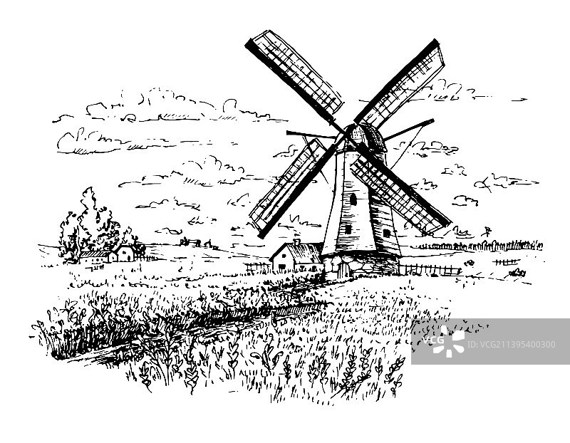 古老风车草图图片素材