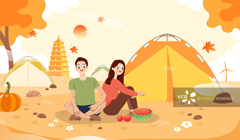 秋天一对情侣在户外露营图片素材