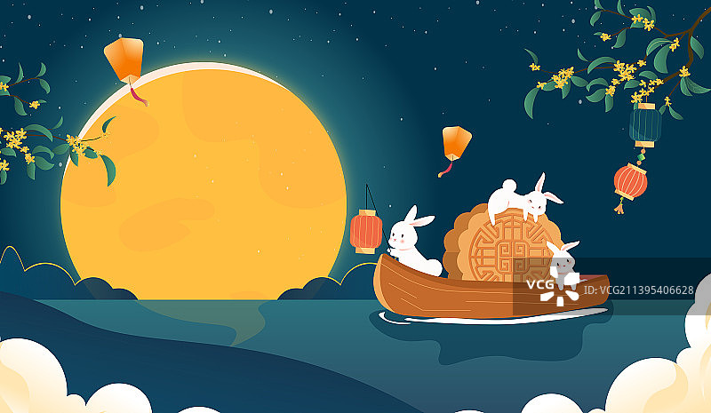 中秋玉兔划船图片素材
