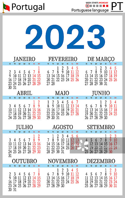 2023年葡萄牙竖版周历图片素材
