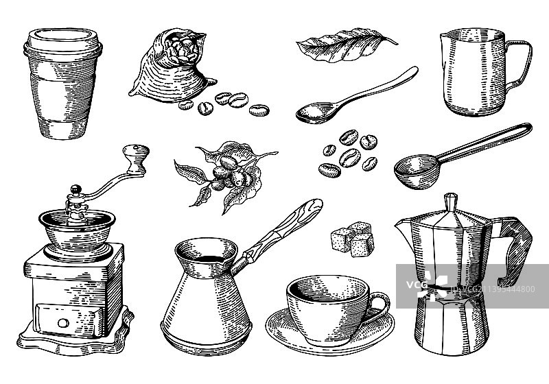 咖啡速写与手绘咖啡研磨机套装图片素材