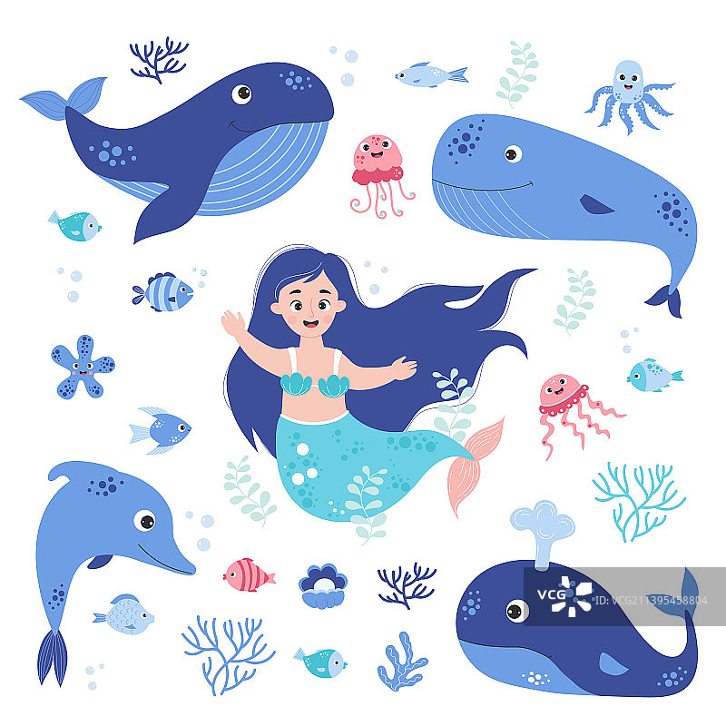 可爱的美人鱼和海洋动物蓝鲸图片素材