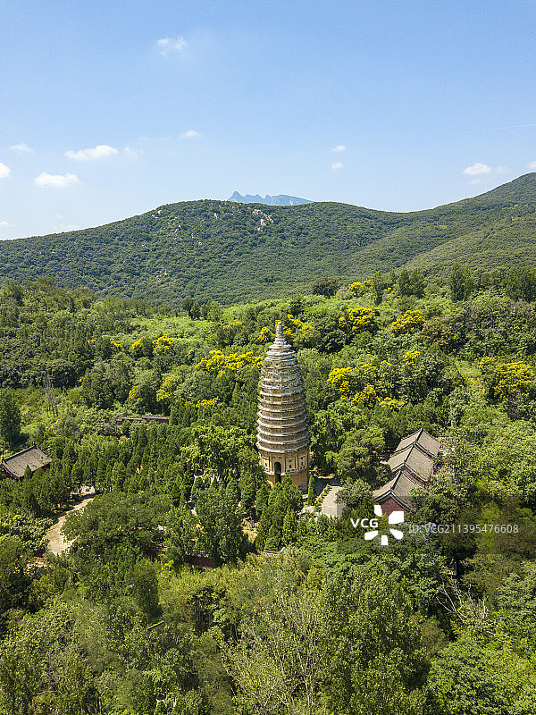 世界文化遗产中国现存最早砖塔河南省登封市嵩山嵩岳寺塔夏天户外风光航拍图片素材