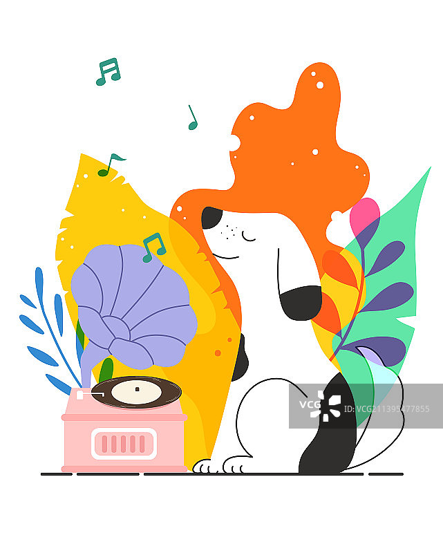 小狗在植物丛中听音乐图片素材