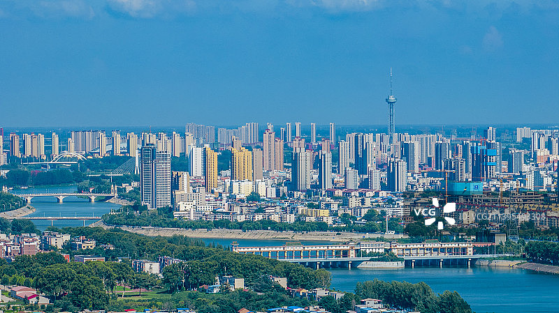 周口城市风光沙颍河高视角长焦航拍图片素材