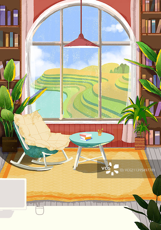 室内家居装饰天空田野背景壁纸插画图片素材