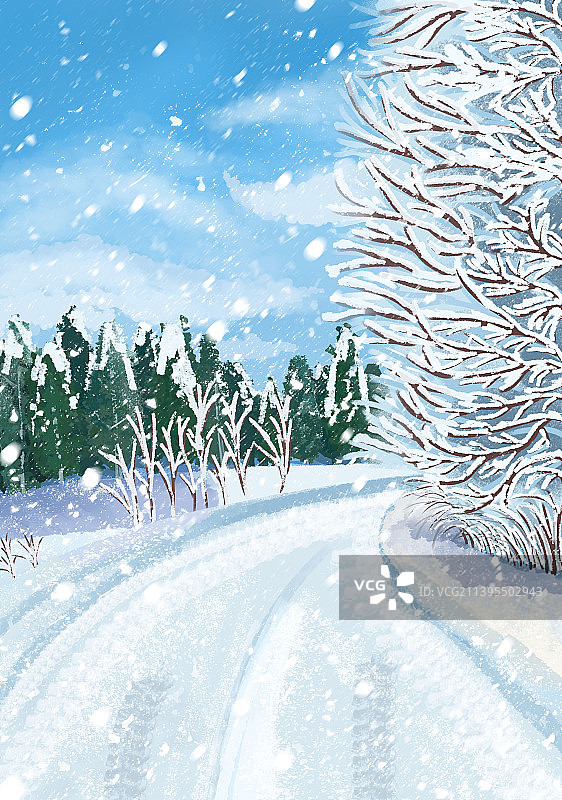 户外森林结冰的路上下大雪背景插画图片素材