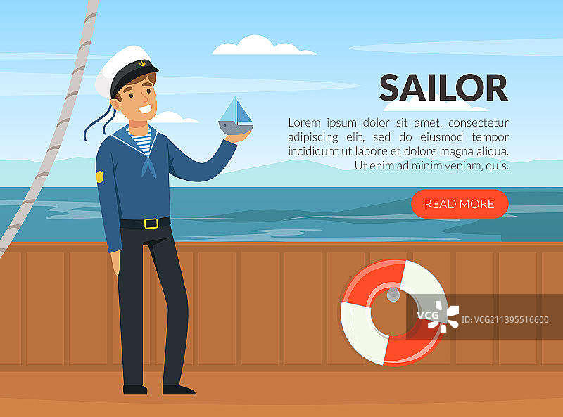 甲板上戴蓝色衬衫和帽子的水手男人图片素材