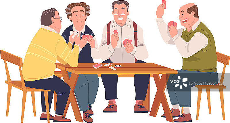 老年男性朋友坐着玩纸牌游戏图片素材