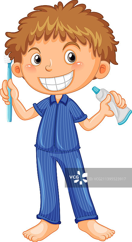 穿睡衣、拿着牙刷和牙膏的男孩图片素材