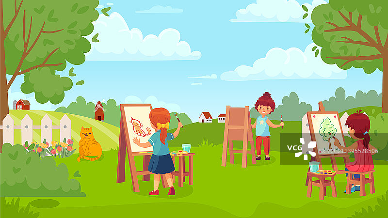 孩子们在花园美术课上绘画图片素材