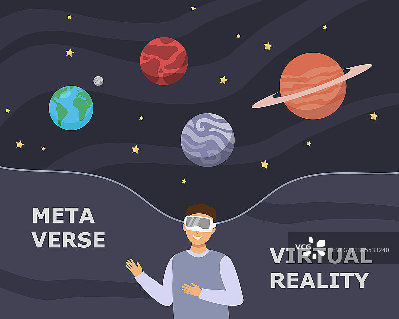 戴着护目镜看到超现实主义空间概念的男子图片素材