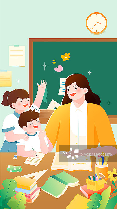 老师和学生在教室里上课矢量插画竖图图片素材