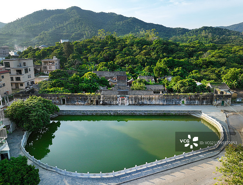 广东省东莞市清溪镇铁场村韩氏围屋茅峯水库航拍图片素材