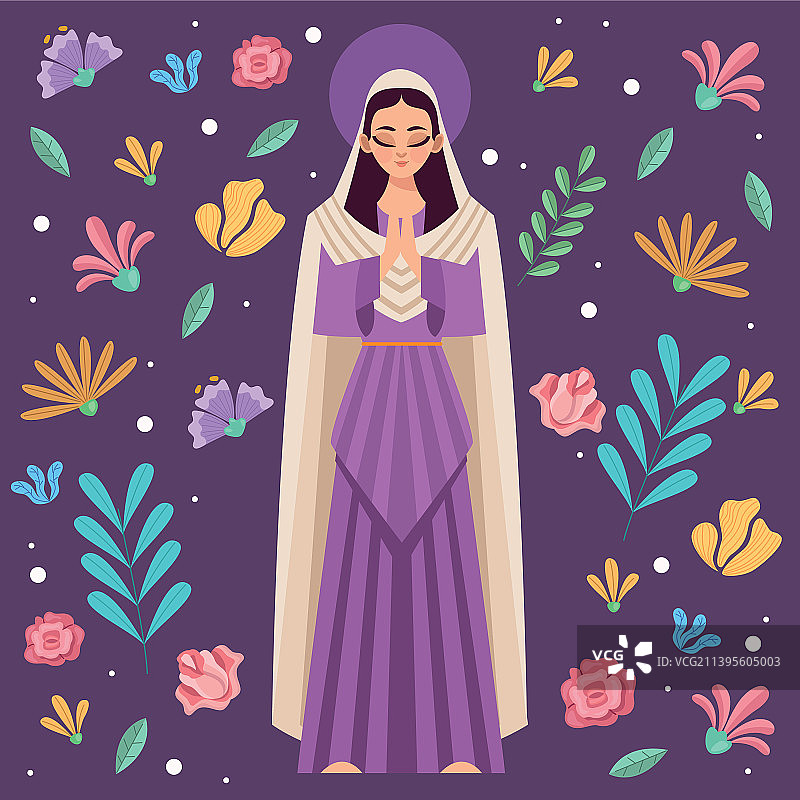 紫色圣母玛利亚与鲜花图片素材