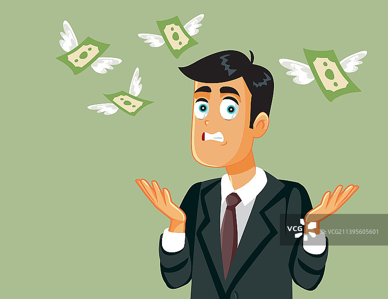 看着钱飞走而感到压力的男人（卡通）图片素材