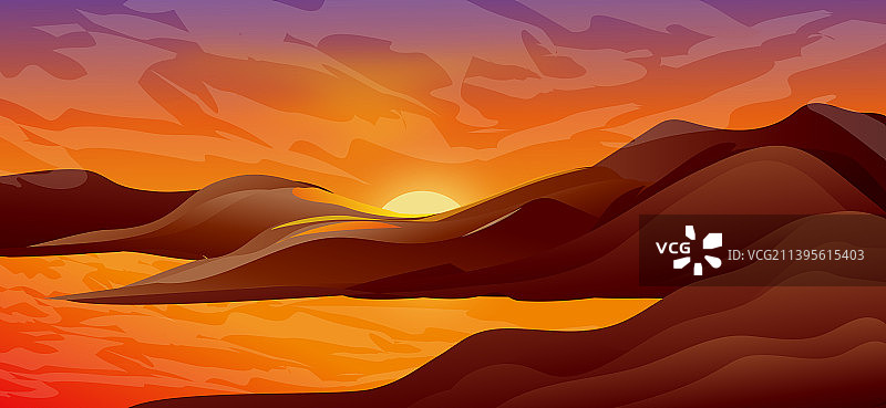 黄昏火烧云下江水一片红矢量插画图片素材