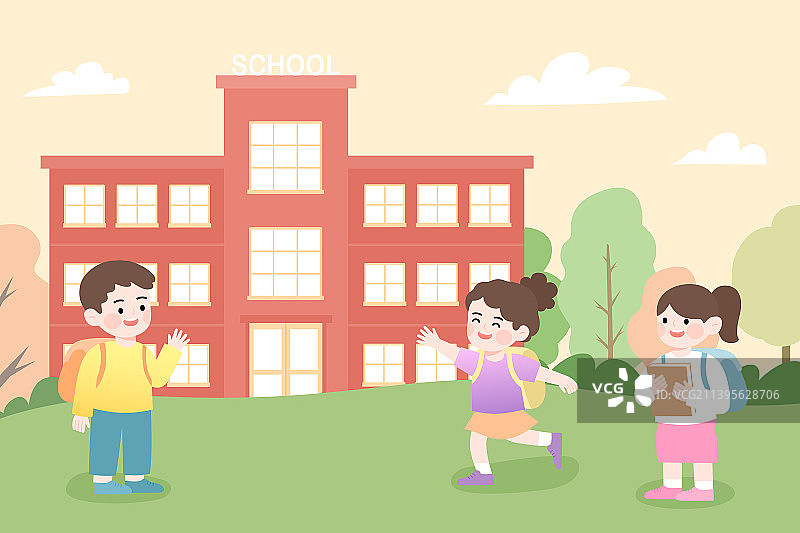 学校前打招呼的小学生图片素材