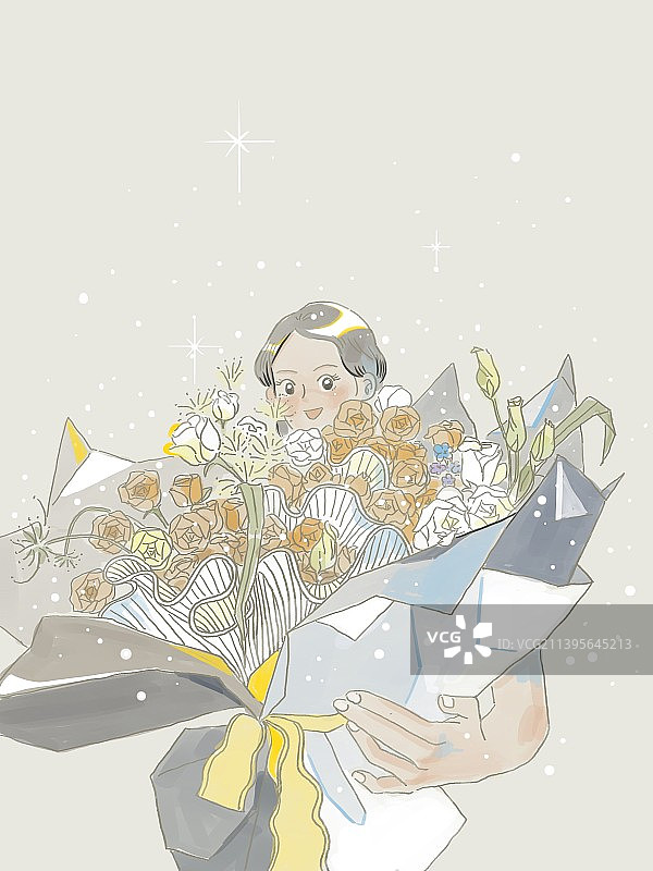少女捧花浪漫卡通插画图片素材