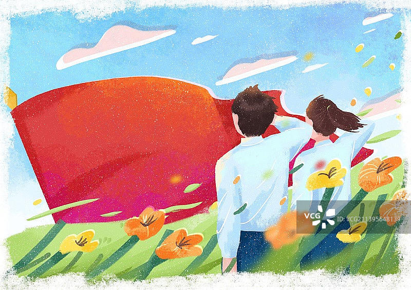 青年男女对着旗帜敬礼图片素材