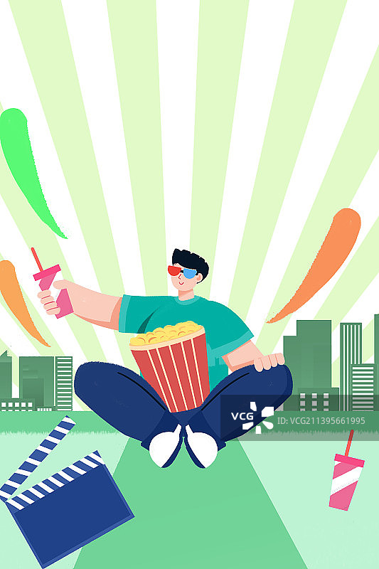 卡通手绘看电影插画图片素材