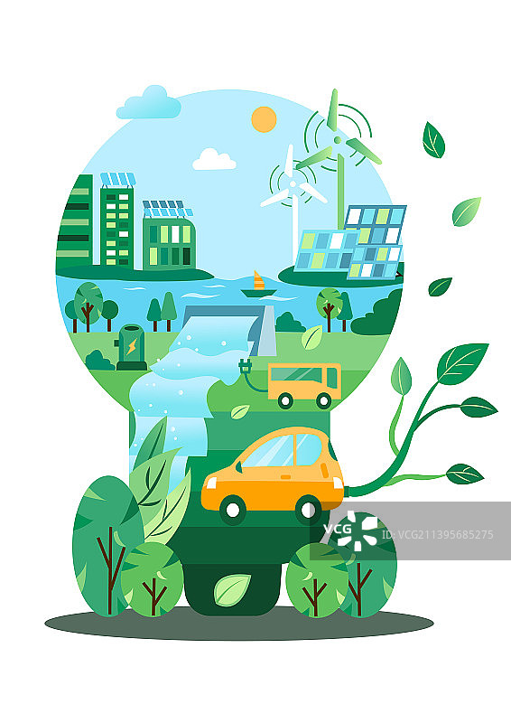 扁平风新能源汽车出行绿色环保矢量插画图片素材