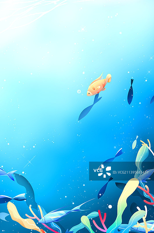 蓝色唯美卡通海底珊瑚鱼群插画背景图片素材