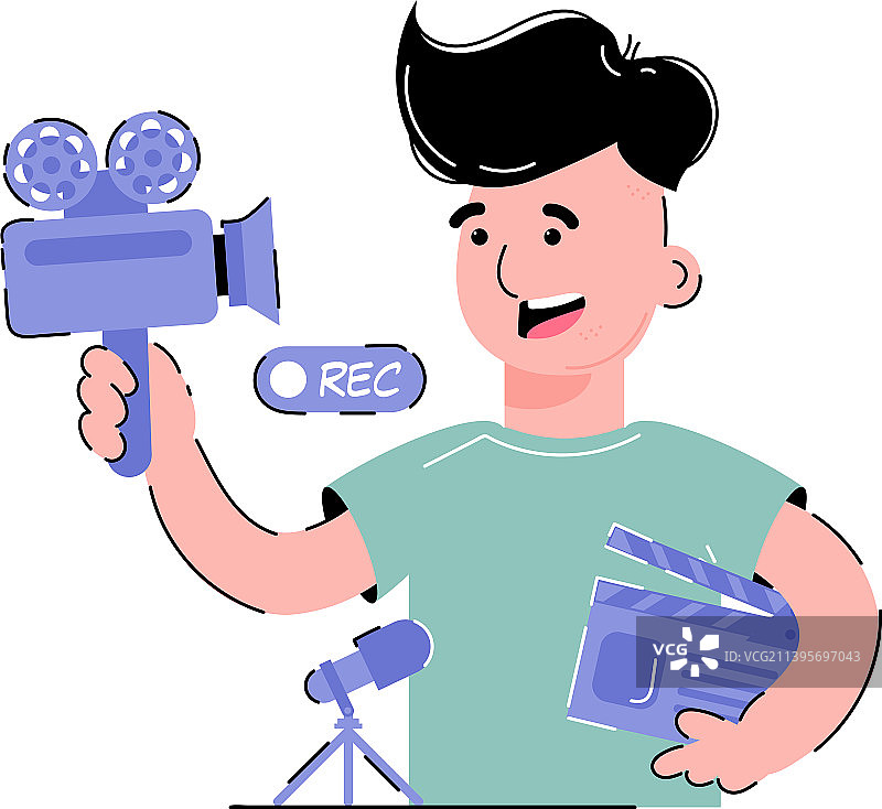 男人拿着相机和电影场记板图片素材