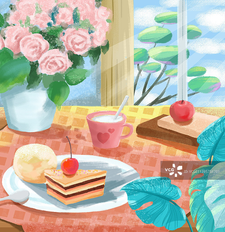 窗台旁边，阳光照射进来，让人惬意。图片素材