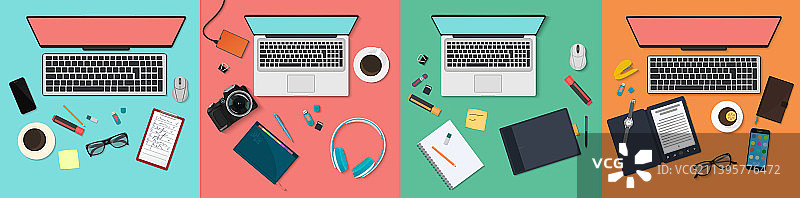 俯视：带有电脑和数码设备的工作场所图片素材
