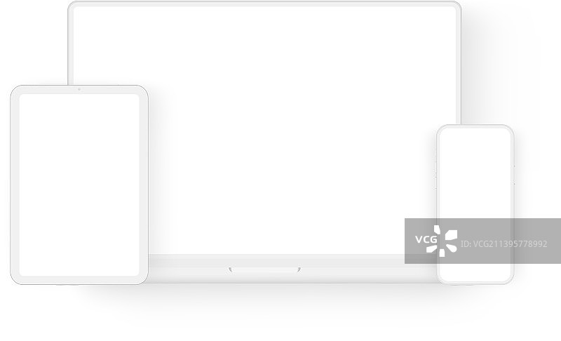 带空白屏幕的黏土笔记本电脑、平板电脑和手机图片素材