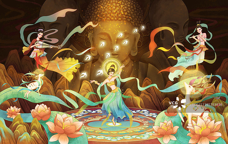 敦煌飞天乐舞新中式插画图片素材