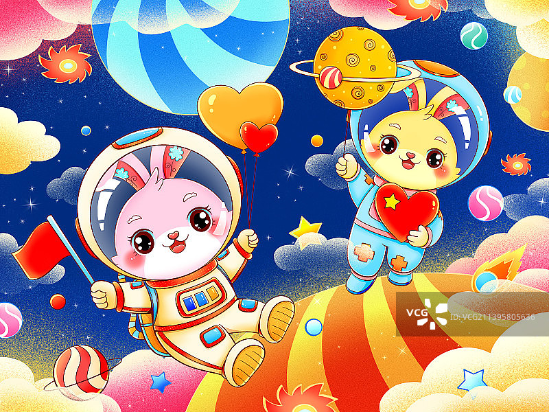 国潮兔年太空情侣宇航员兔子插画图片素材