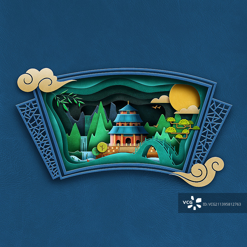 国风剪纸山水楼宇中秋包装扁平插画图片素材
