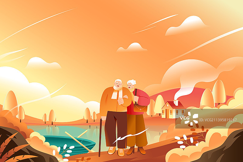 卡通秋季秋分踏秋秋天重阳节老人伴侣户外钓鱼活动旅游旅行电商促销出行郊游风景渐变矢量插画图片素材