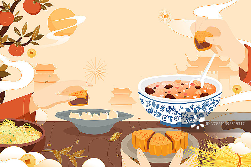 卡通中秋佳节亲子家人团圆传统节日习俗赏月月饼月桂兔子玉兔嫦娥月饼美食古建筑古城电商中国风国潮矢量插画图片素材