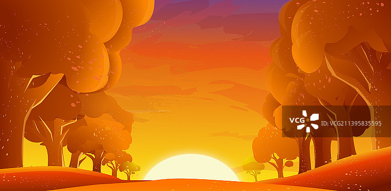 夕阳红林荫大道上的矢量插画图片素材