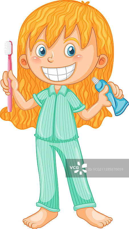 穿睡衣的女孩拿着牙刷和牙膏图片素材